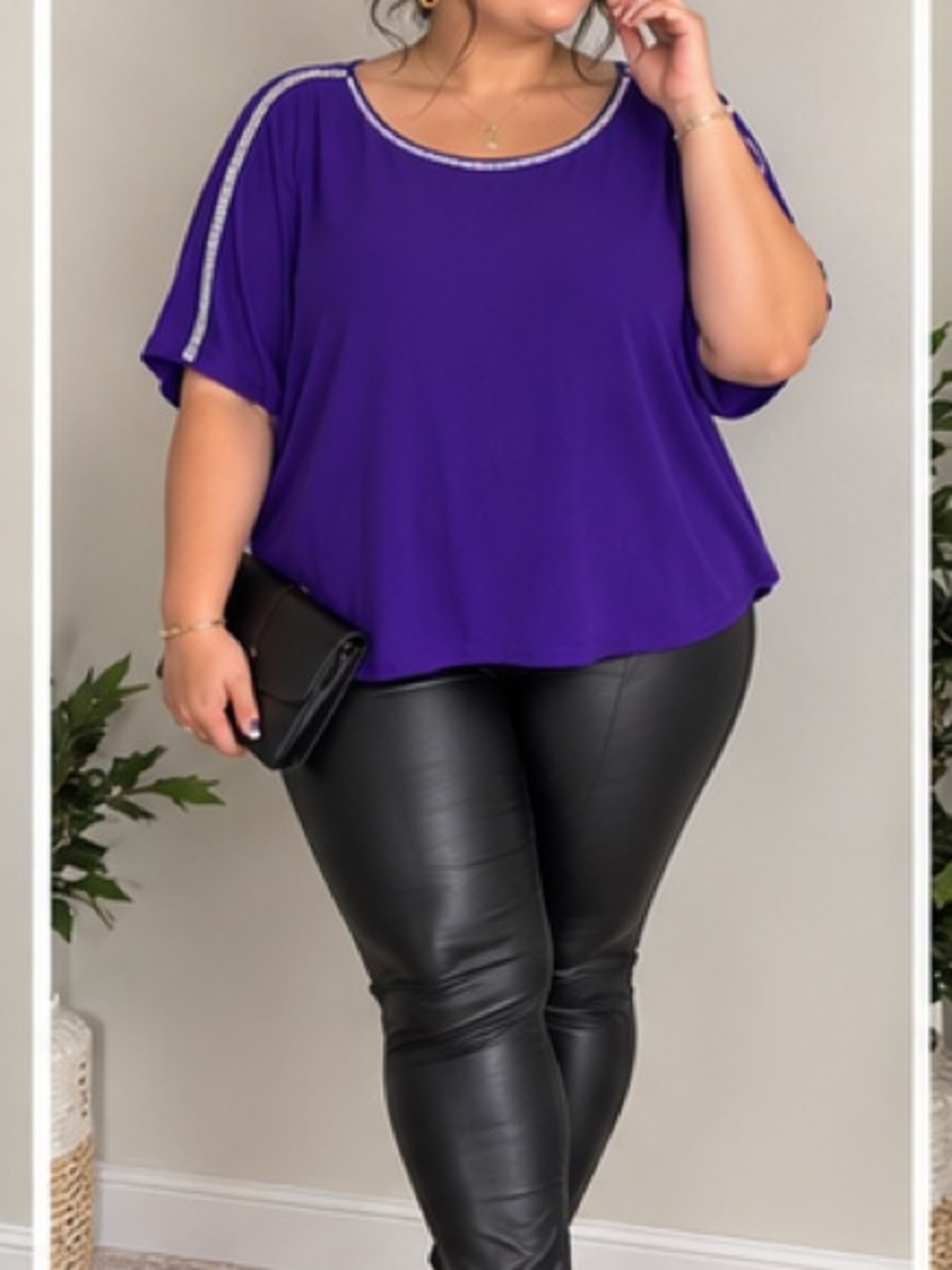 89th & Madison Purple Short Sleeve Rhinestone Trim Tunic